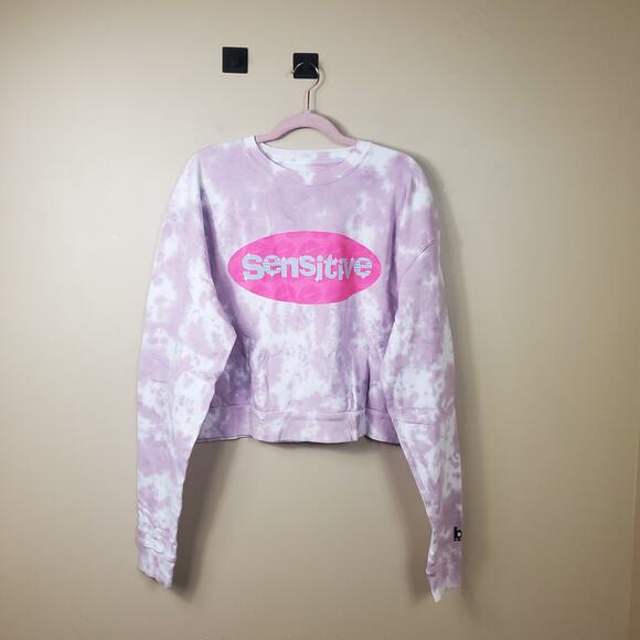 By Samii Ryan Pink Tie-dye Cropped 'Sensitive' Crewneck Sweatshirt Size L - Picture 1 of 8